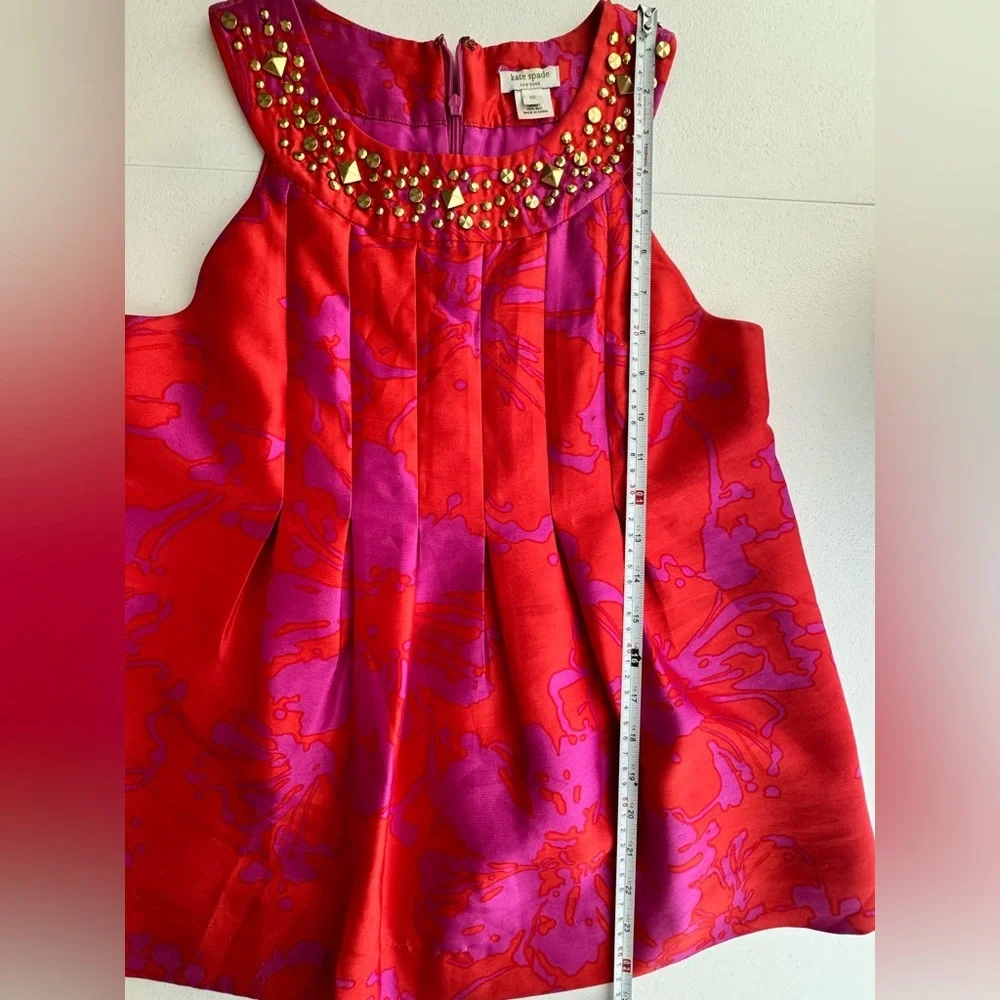 Kate Spade Silk Embellished Neck Top XS Pink Magenta Floral Studded Blouse